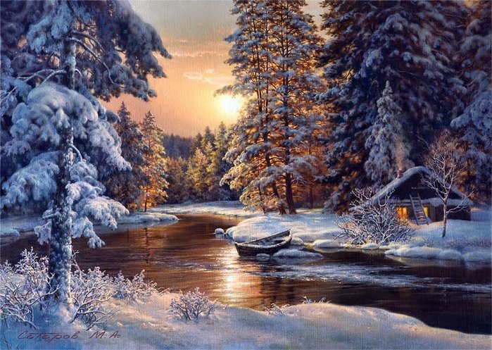 домик в зимнем лесу - лес, зима, домик, река, картина, пейзаж - оригинал