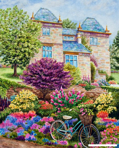 Серия "Пейзажи" - пейзаж, велосипед, домик, цветы, лето - оригинал