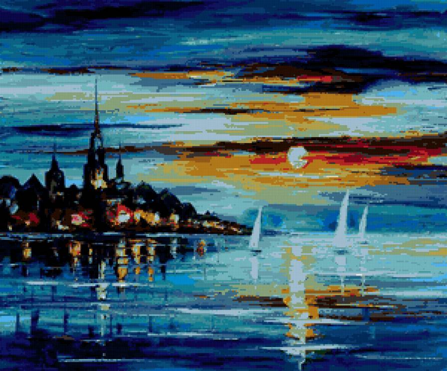 Ночной город. Вид с моря - корабли, пейзаж, закат, город, море - предпросмотр