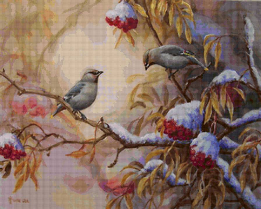 Птицы на рябине - на ветке, рябина, листья, природа, снег, птицы, зима - предпросмотр