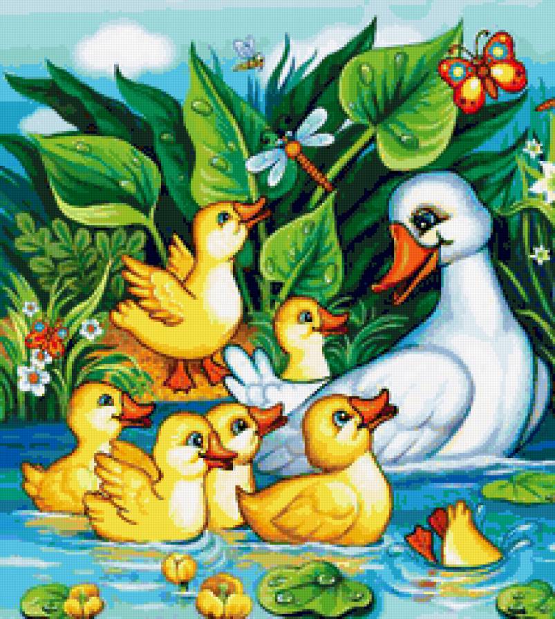 Утка с утятами - пруд, семья, утята, вода, яркое, детское, птицы, утка, уточки, животные - предпросмотр