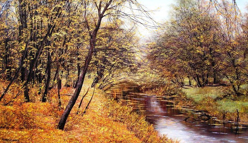 Осенняя картина - пейзаж, дорога, осень, природа, лес, красота, березки, река - оригинал