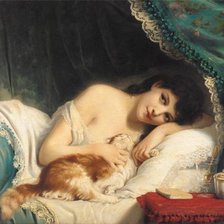 Оригинал схемы вышивки «Портрет, женщина с кошкой» (№96587)