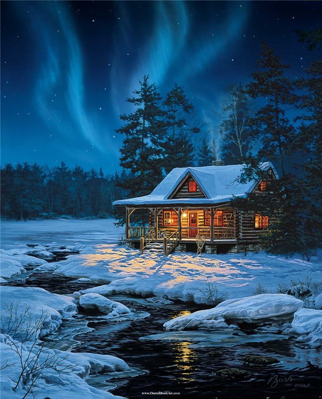 домик в зимнем лесу - пейзаж, картина, зима, домик, река, лес - оригинал