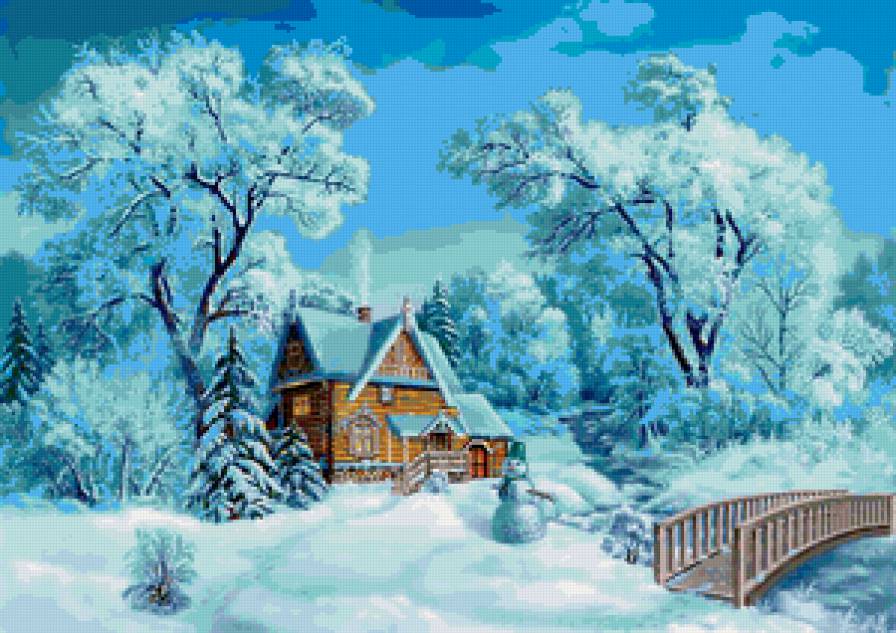 домик в зимнем лесу - картина, пейзаж, река, лес, домик, зима - предпросмотр