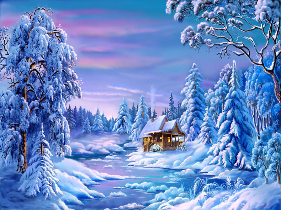 домик в зимнем лесу - лес, пейзаж, картина, домик, река, зима - оригинал