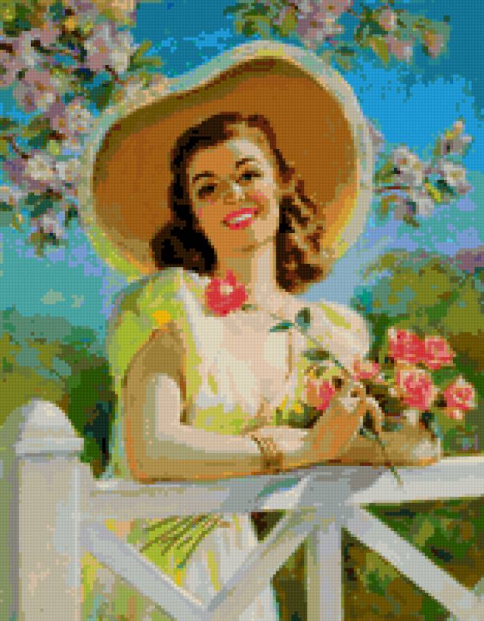 Теплое настроение - живопись, цветы, портрет, лето, розы, лицо, шляпка, женщина - предпросмотр