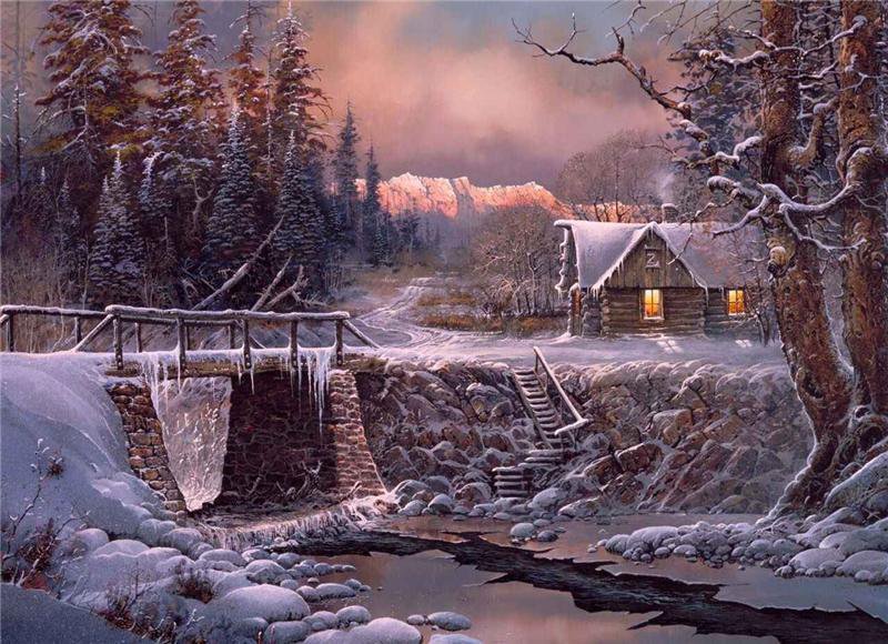 домик в зимнем лесу - домик, зима, пейзаж, река, картина, лес - оригинал