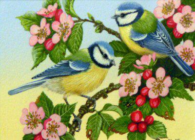 Птички на ветке - птицы, цветы, птички, ягоды - оригинал