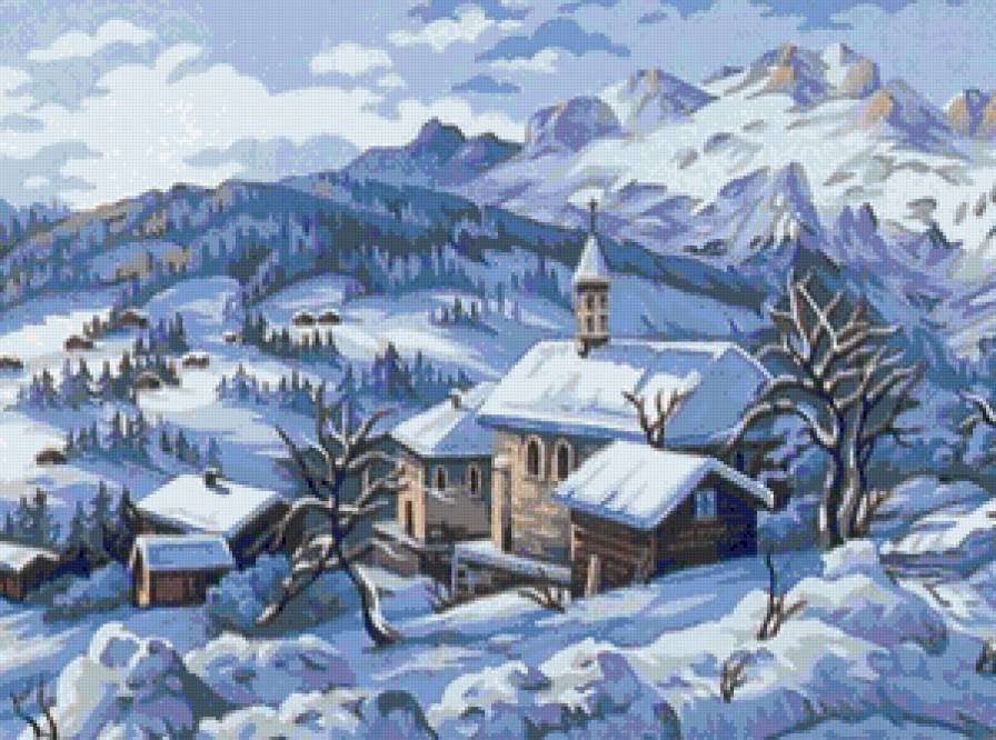 Зимний пейзаж - снег, зимний пейзаж, зима, пейзаж, природа, дом, горы, домик - предпросмотр