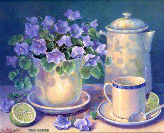 Натюрморт - посуда, чайник, ваза, лайм, на столе, сервиз, цветы, чашка, натюрморт - оригинал