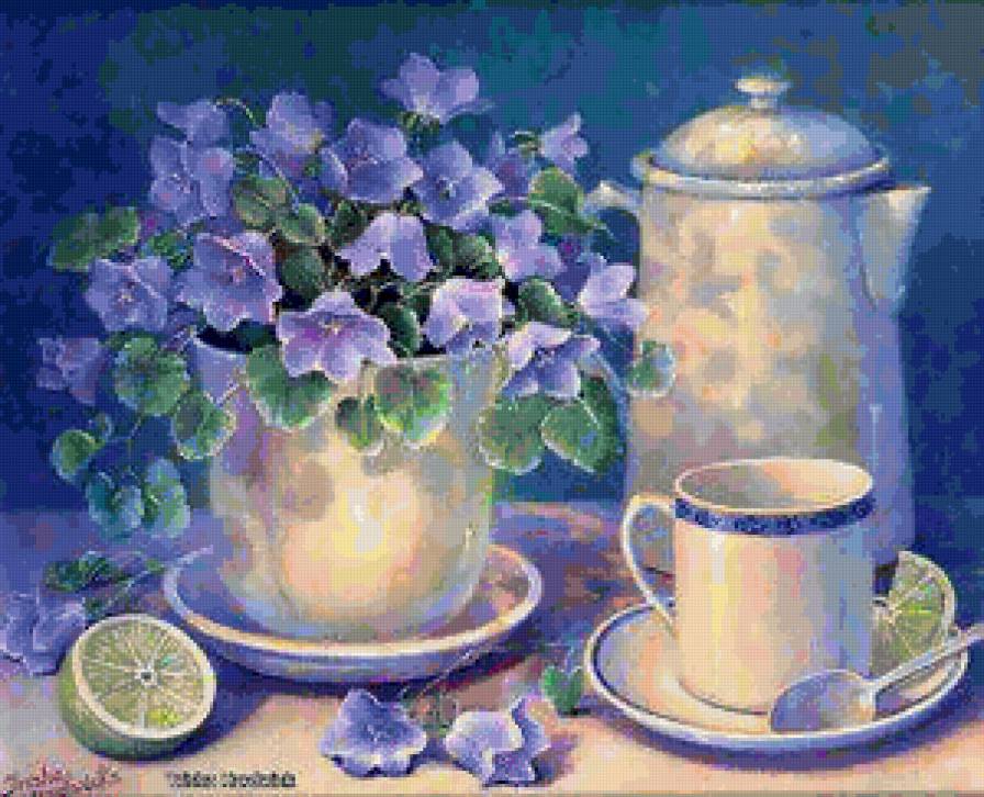 Натюрморт - чашка, цветы, на столе, натюрморт, сервиз, ваза, посуда, чайник, лайм - предпросмотр