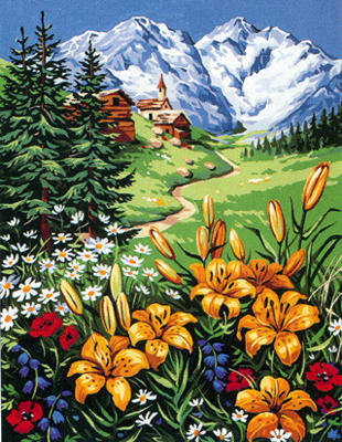 Пейзаж - цветы, пейзаж, дом, домик, поле, лилии, горы, елки, природа - оригинал