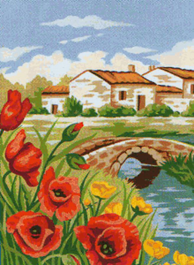 Маки - пейзаж, речка, дом, цветы, домик, маки, природа, вода, мост - предпросмотр