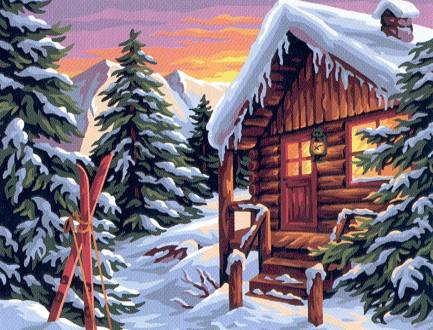 Зимний пейзаж - зима, снег, дом, зимний пейзаж, лес, домик, закат, зимний лес - оригинал