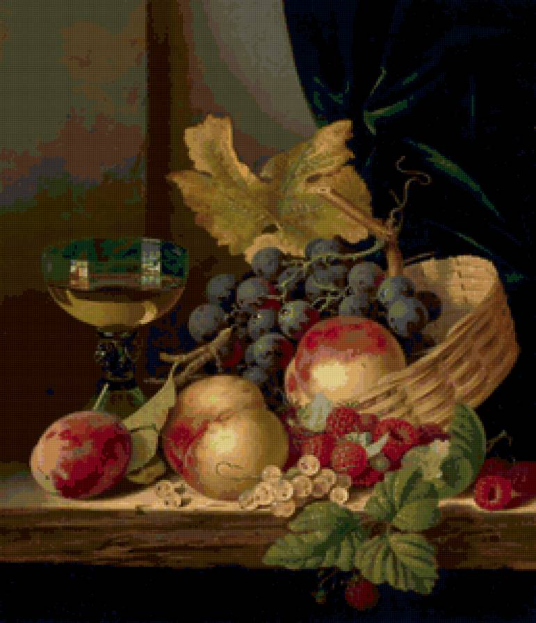 Натюрморт - персики, виноград, вино, натюрморт, фрукты - предпросмотр