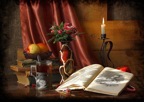 Натюрморт - фрукты, книга, натюрморт, свеча, цветы - оригинал