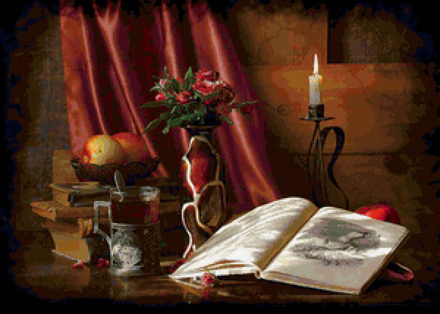 Натюрморт - свеча, фрукты, книга, натюрморт, цветы - предпросмотр
