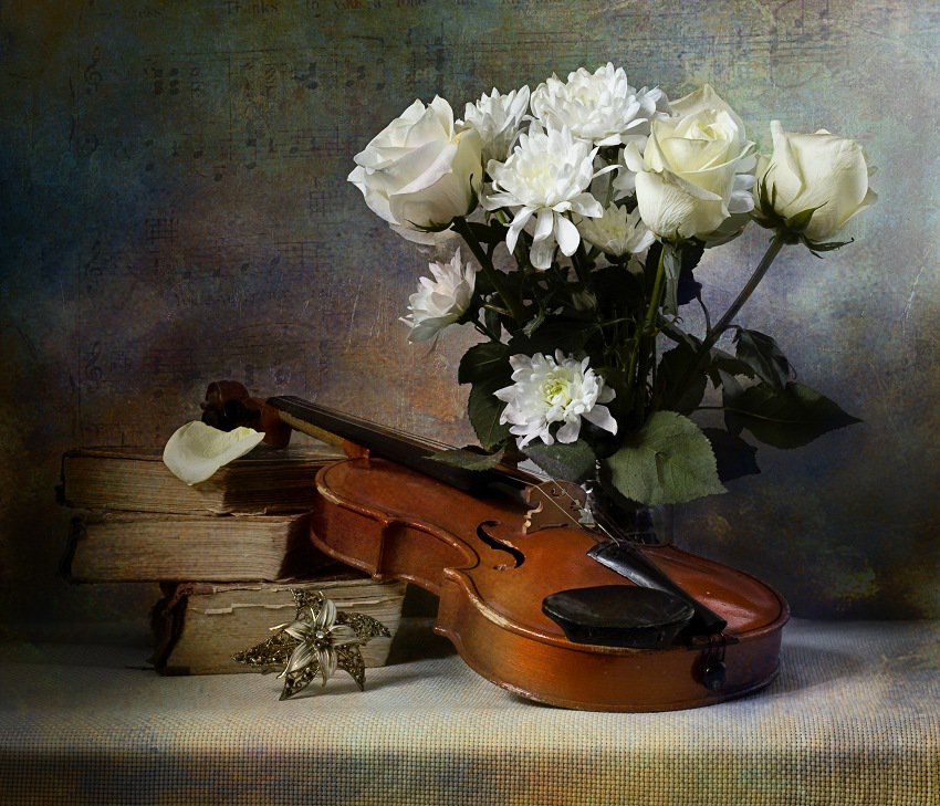 натюрморт - натюрморт, розы, цветы, скрипка - оригинал