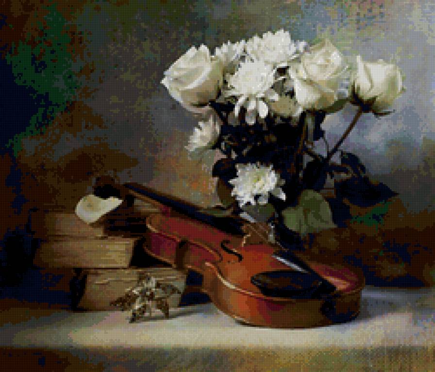 натюрморт - розы, натюрморт, скрипка, цветы - предпросмотр