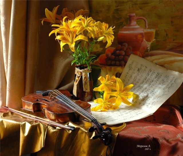 натюрморт - скрипка, цветы, натюрморт, лилии - оригинал
