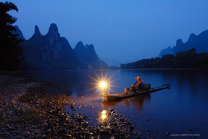 Рыбак - природа, ночь, река, лодка, пейзаж, вода - оригинал
