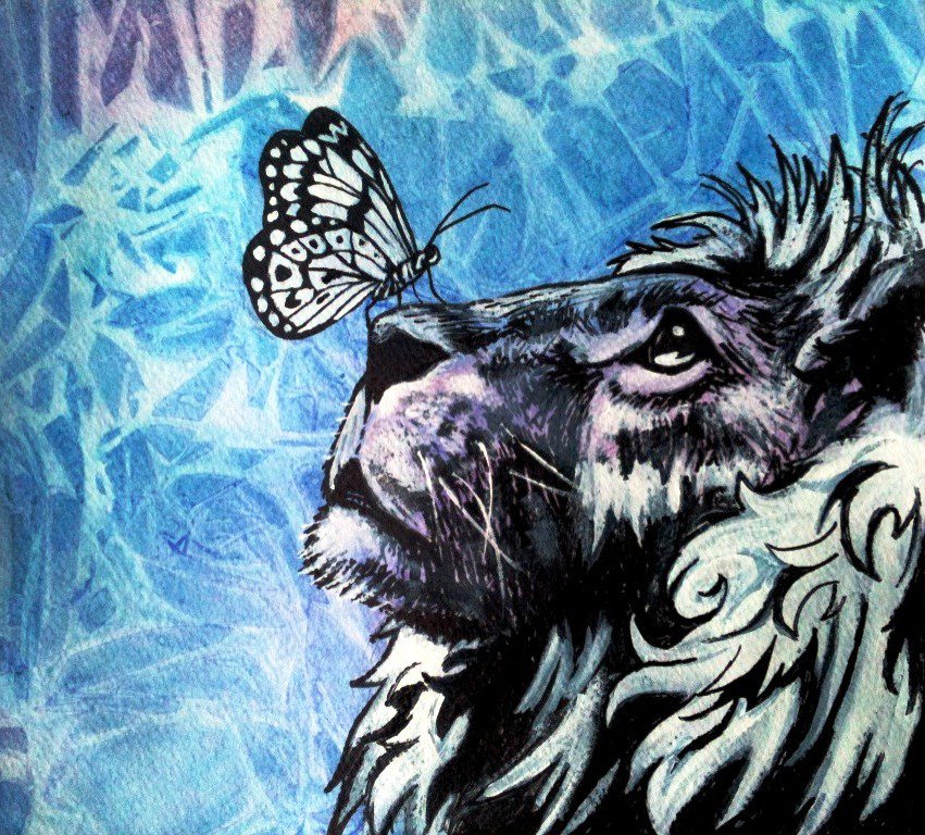 Лев и бабочка - львы, дикие кошки, красота, бабочка, бабочки, лев, животные - оригинал