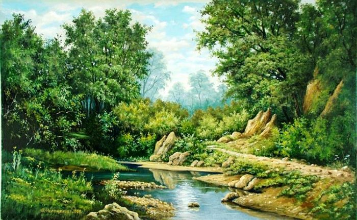 Лесная река - река, красота природы, пейзаж, сосны, березка, природа, лес - оригинал