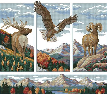 картина - горы, животные, триптих, птицы, пейзаж, природа, олень, орел - оригинал