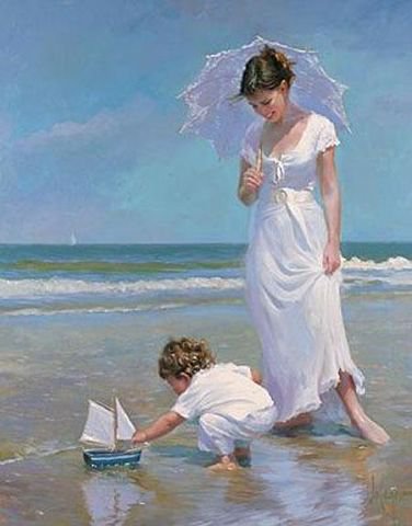 женщина с ребенком - пляж, лето, девушка, зонтик, дети, женщина, море, ребенок - оригинал