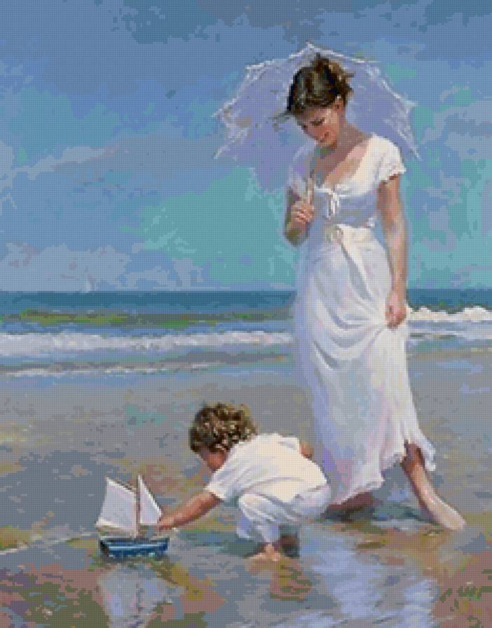 женщина с ребенком - зонтик, дети, море, лето, женщина, пляж, девушка, ребенок - предпросмотр