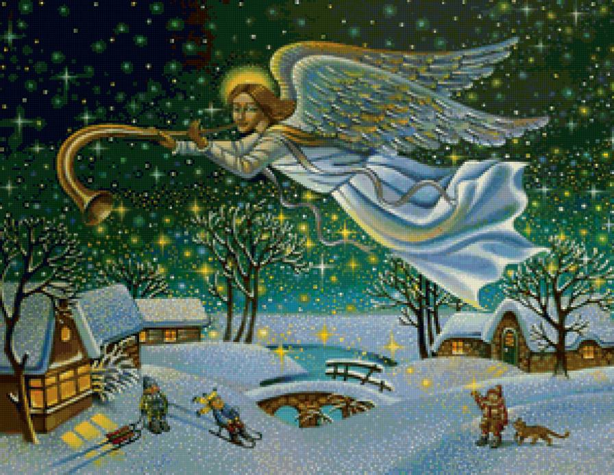 Волшебное Рождество - домик, снег, люди, зима, пейзаж, ангел - предпросмотр
