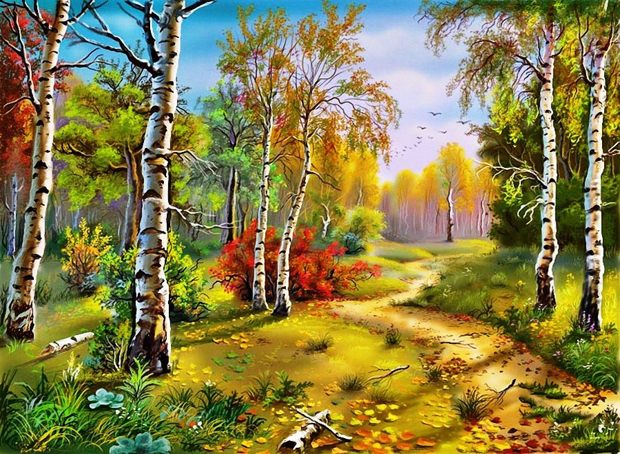 Осень в лесу - дорога, природа, березка, осень, лес, красота, березки, пейзаж - оригинал