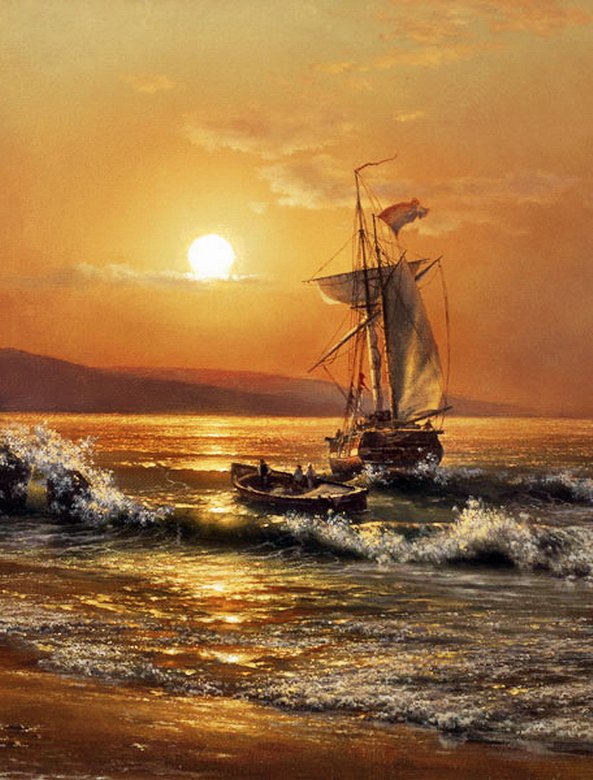 закат на море - пейзаж, закат, море, природа, корабли - оригинал