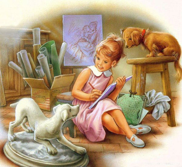Маленькая художница - собака, щенок, девочка, рисунок, животные - оригинал