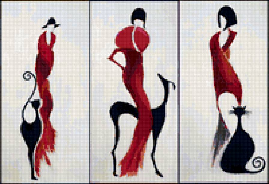 Триптих Незнакомка в красном - женщина, триптих, силуэт - предпросмотр