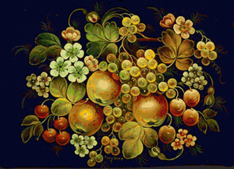 Жостовская роспись - цветы, ягоды, яблоко, фрукты, подушка, виноград - предпросмотр