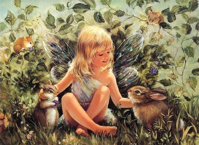 Маленькая фея и пушистые друзья - сказка, животные, девочка, заяц, фея - оригинал