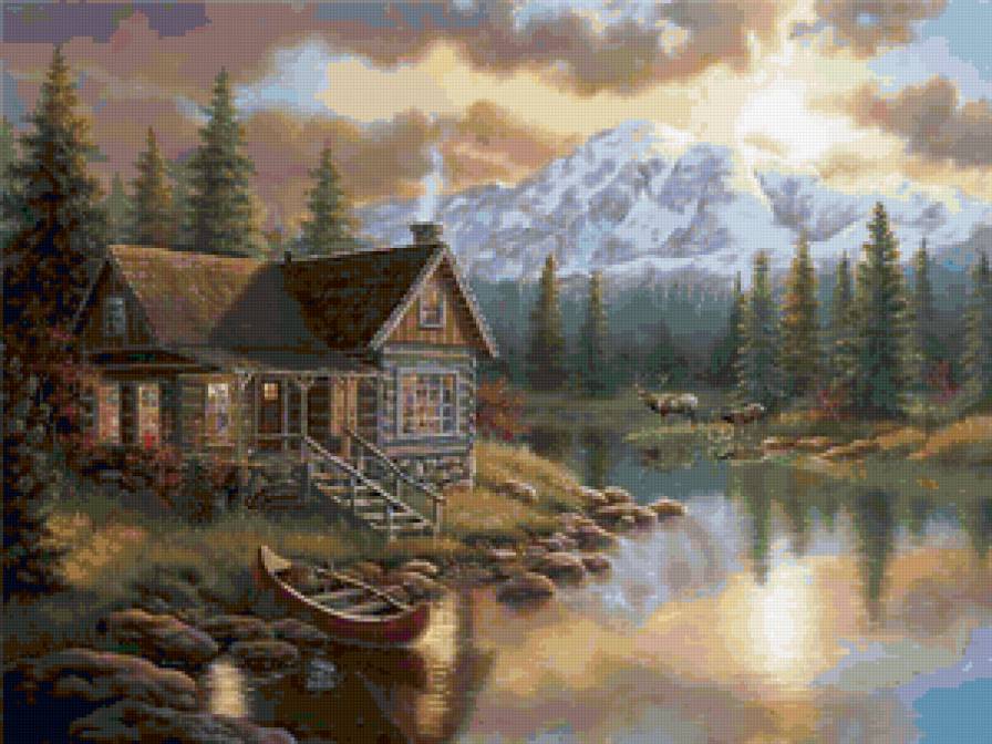 Дом у озера - вода, озеро, олени, дом, лес - предпросмотр