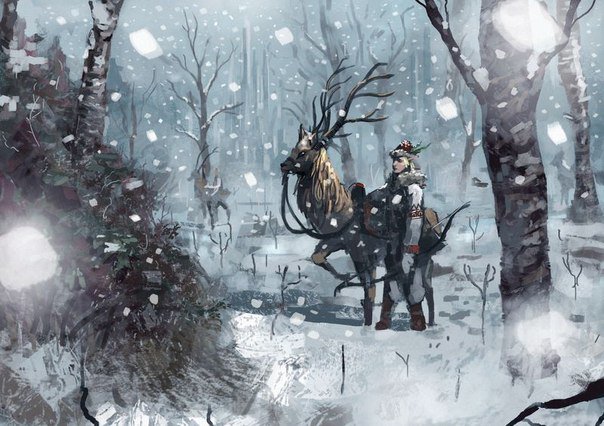 Охотник - картина, люди, снег, животные, пейзаж, олень, лес - оригинал