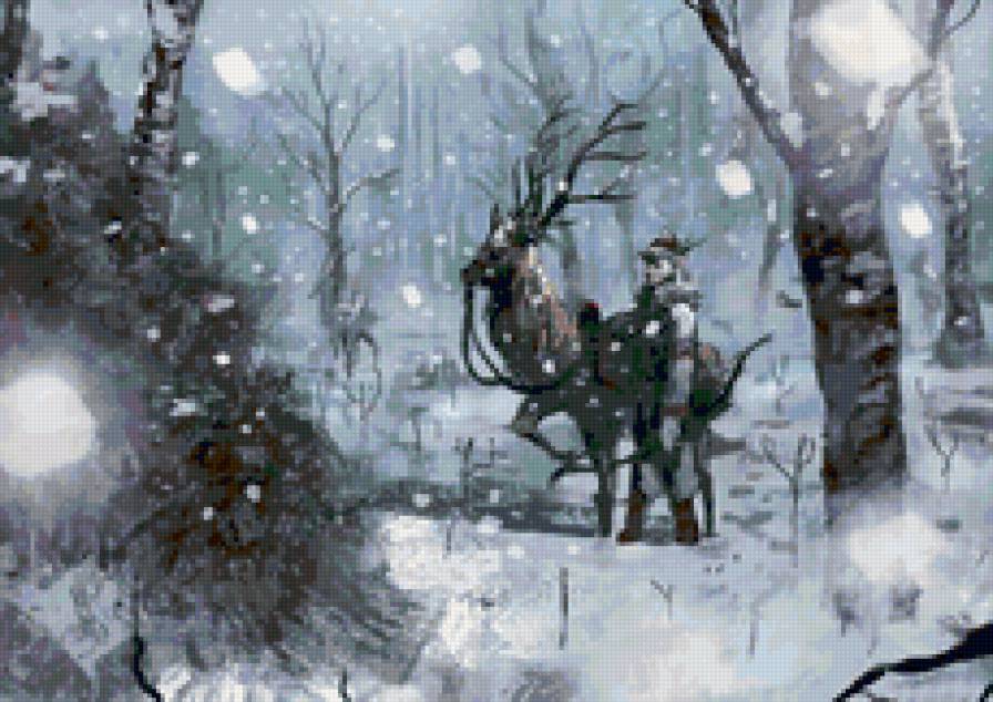 Охотник - лес, олень, пейзаж, картина, животные, снег, люди - предпросмотр
