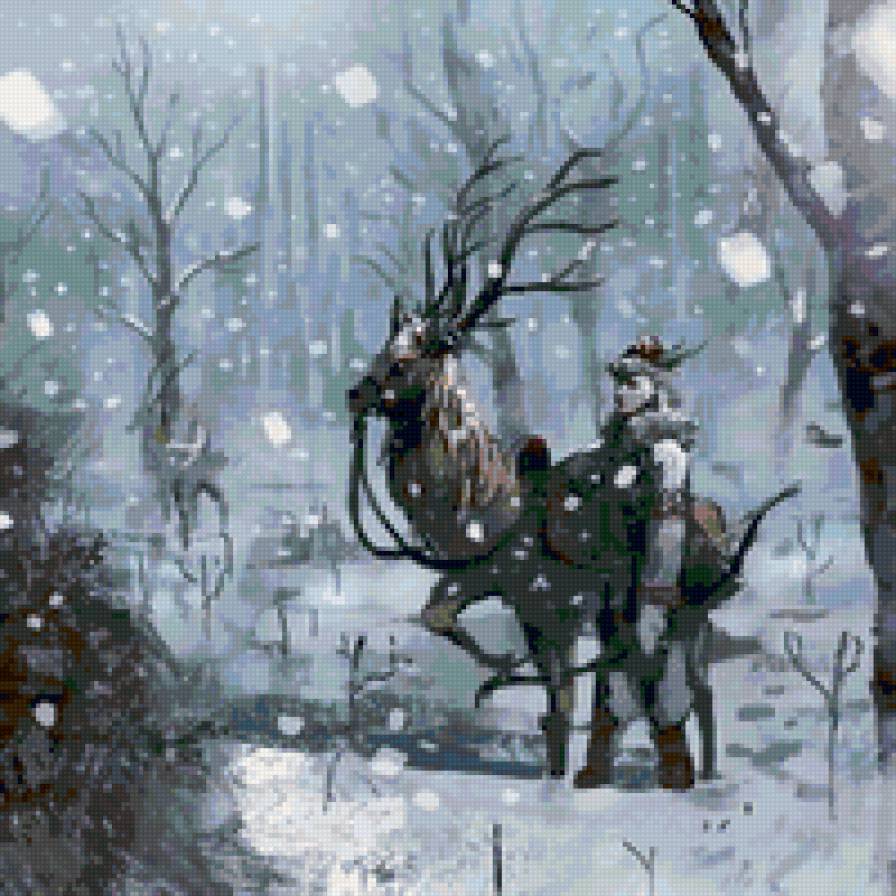 Охотник Квадрат На подушку - лес, снег, пейзаж, животные, люди, картина, подушка - предпросмотр