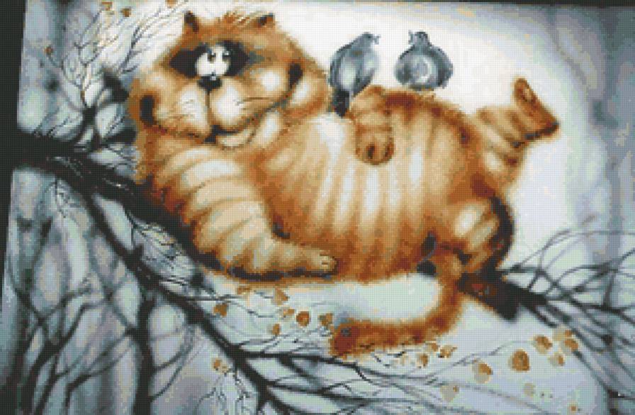 Смешной кот - кошки, животные, рисунок, птицы - предпросмотр