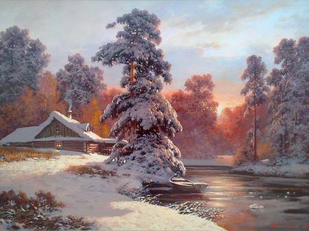 Зимнее утро - пейзаж, природа, лес, снег, река, утро, зима, домик - оригинал