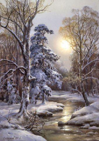 Зимнее солнце - зима, снег, пейзаж, река, лес, природа - оригинал