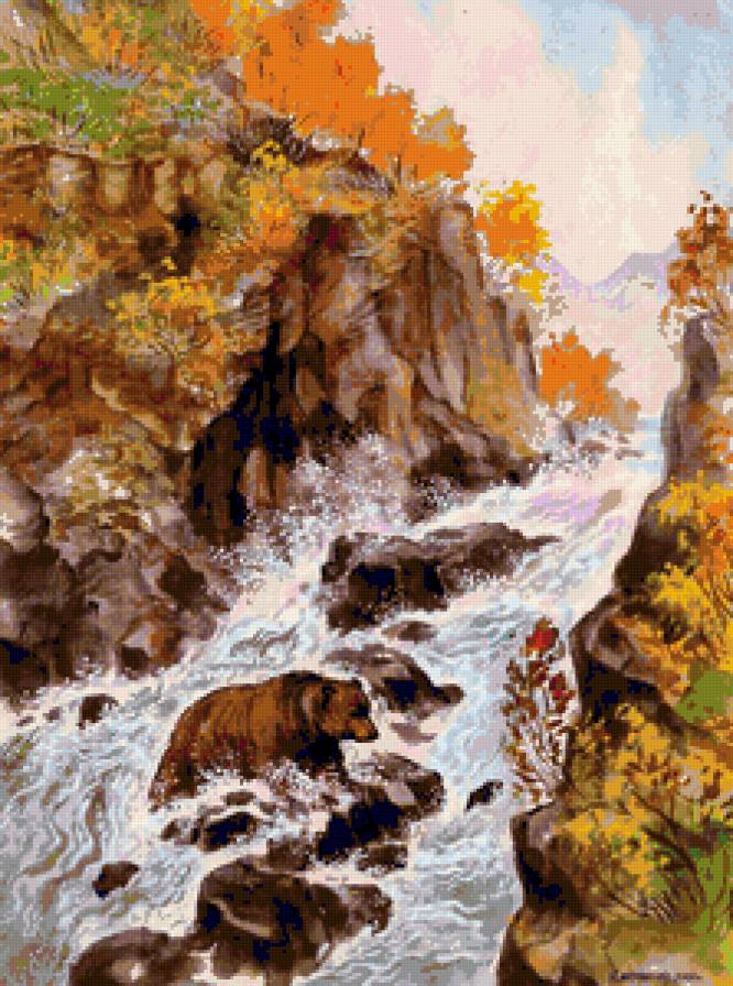 медведь на водопаде - медведи, деревья, водопад, река, природа, медведь, животные - предпросмотр