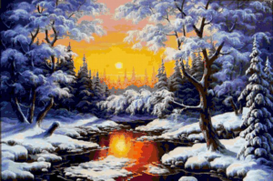 Зимний закат - пейзаж, снег, ели, зима, закат, лес, зимняя картина, природа - предпросмотр