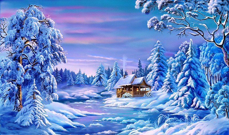 зима - ночь, зима, домик в лесу - оригинал