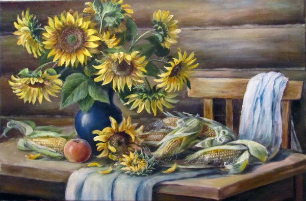 Осенние подсолнухи - натюрморт, подсолнухи, живопись, цветы, картина - оригинал