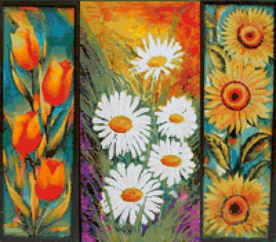 Триптих Яркие Цветы - цветы, триптих - предпросмотр